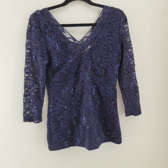 Boston Proper Top Women's M Blue Empire Waist Lined Lace Sequins Sheer Sleeves - Picture 1 of 11